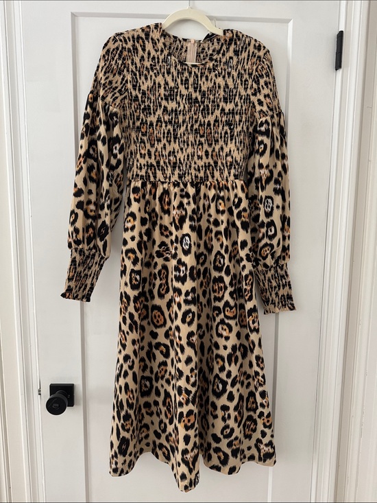 English Factory Dresses & Skirts - Leopard Print Long Sleeve Smocked Midi Dress - Beige/Tan